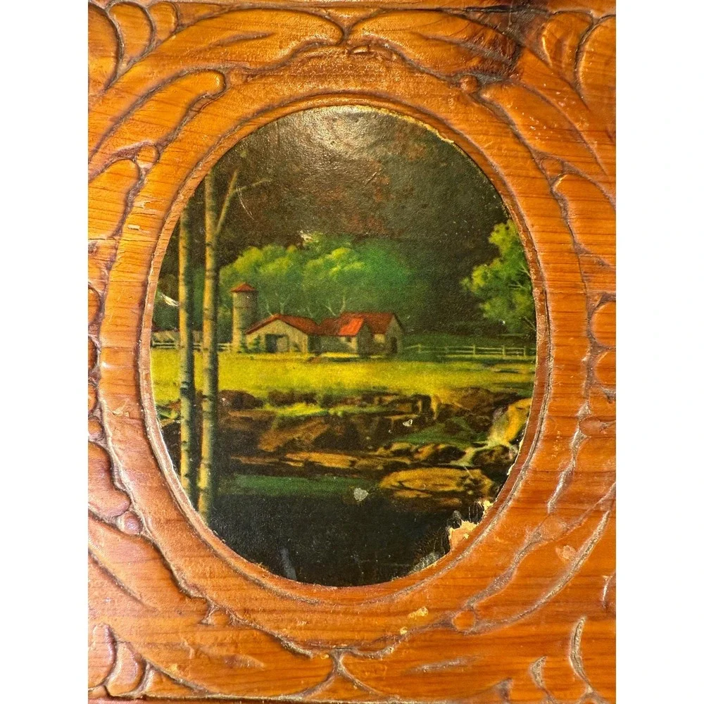 1950s Cedar Vanity Box with‎ Mirror and Carved Scenic Lid – Keepsake Box